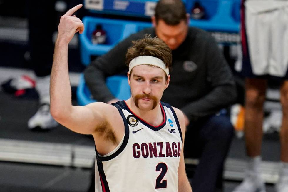 Gonzaga forward Drew Timme (2) celebrates in the second half of a second-round game iagainst Ok ...