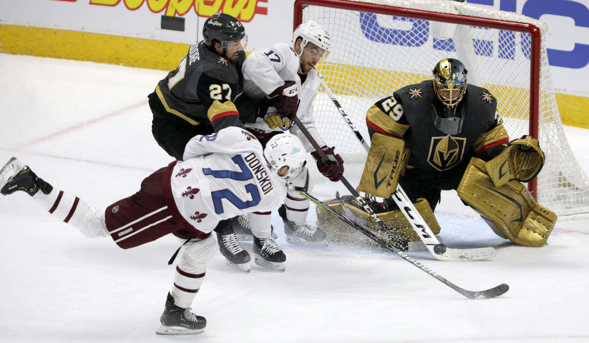 Colorado Avalanche right wing Joonas Donskoi (72) shoots against Vegas Golden Knights goaltende ...