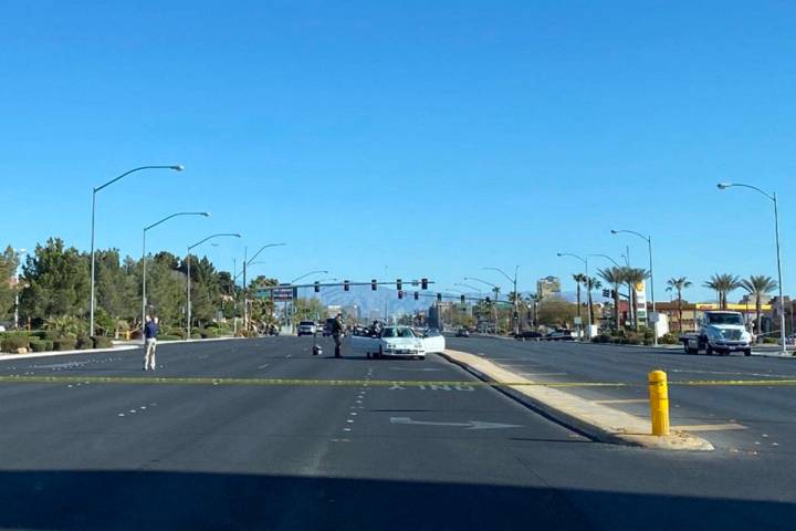 Police investigate a fatal crash involving a pedestrian Sunday, March 28, 2021, on Las Vegas an ...