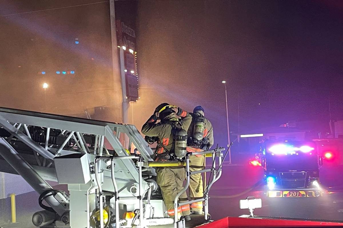 Las Vegas firefighters battle a blaze at the Charleston Outlet Thrift Store on Sunday, March 28 ...