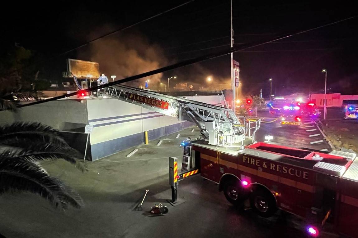 Las Vegas firefighters battle a blaze at the Charleston Outlet Thrift Store on Sunday, March 28 ...