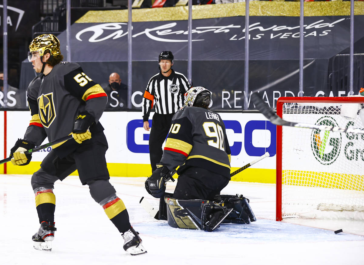 Golden Knights goaltender Robin Lehner (90) gives up a goal to the Los Angeles Kings during the ...