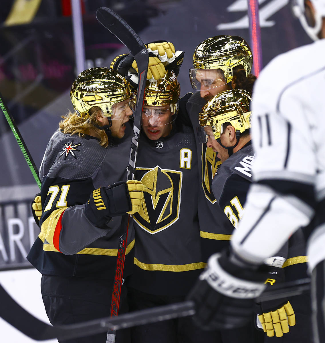 Golden Knights' Reilly Smith, second from left, celebrates his goal with teammates during the s ...