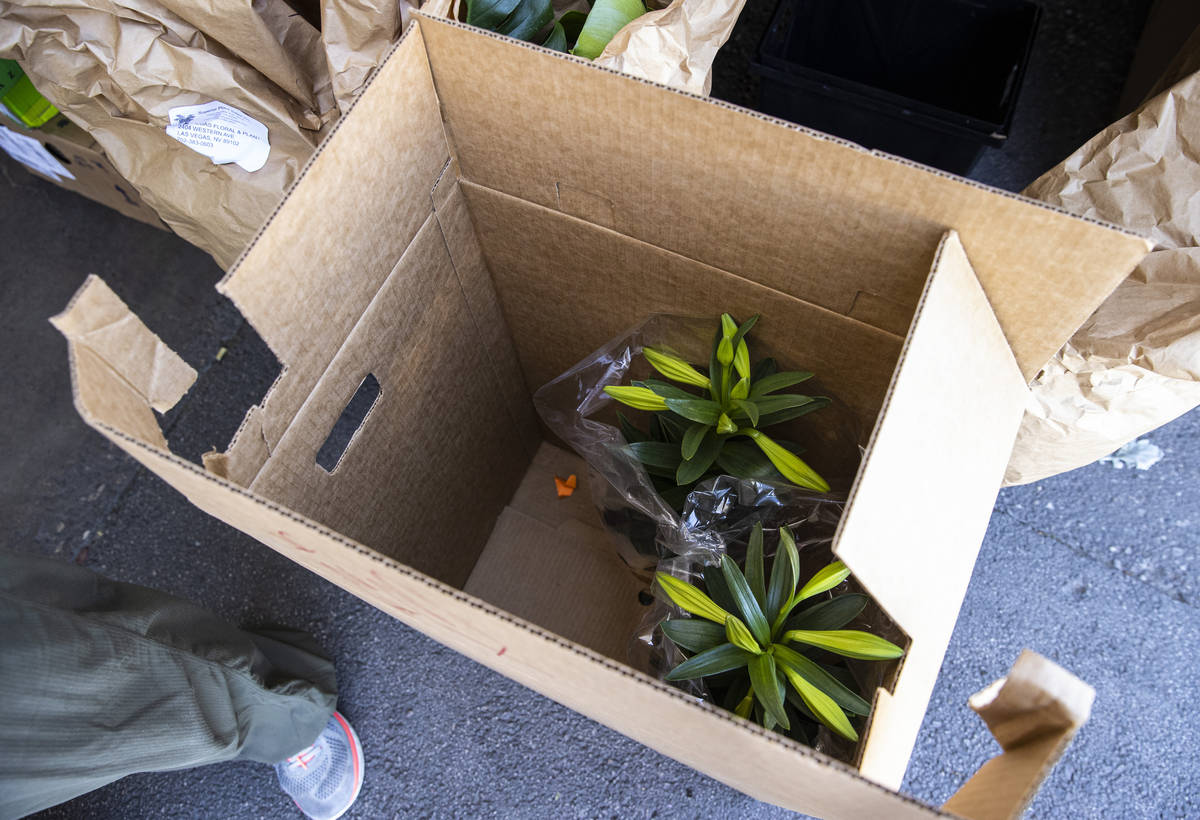 Lilies are boxed up for delivery at Las Vegas Floral Wholesale in Las Vegas on Tuesday, March 3 ...