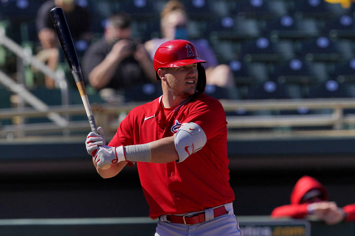 Los Angeles Angels center fielder Mike Trout during a spring training baseball game against the ...