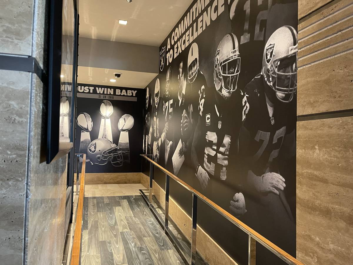The hallway leading to the restrooms of the Raiders Tavern & Grill inside the M Resort as seen ...