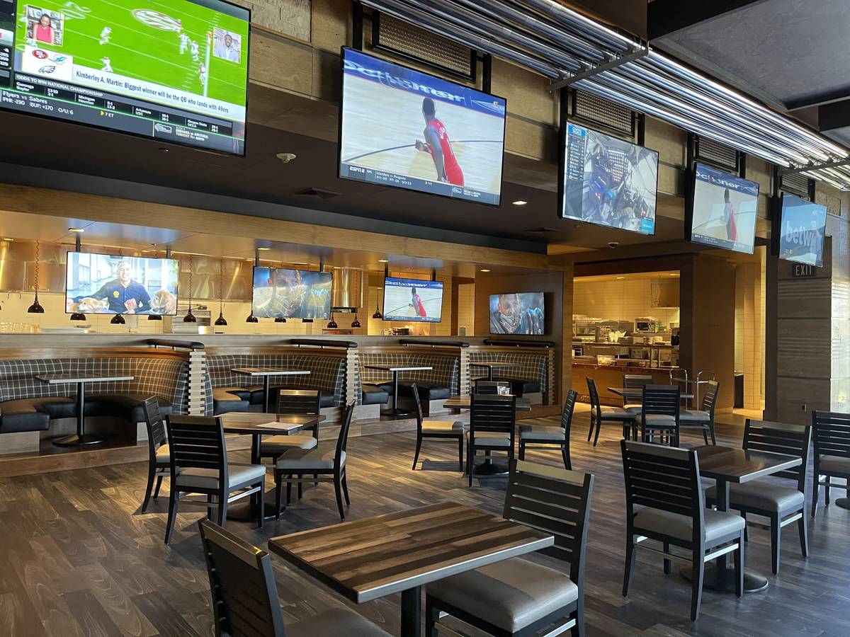 The main dining area of the Raiders Tavern & Grill at the M Resort as seen on March 29, 2021. ( ...