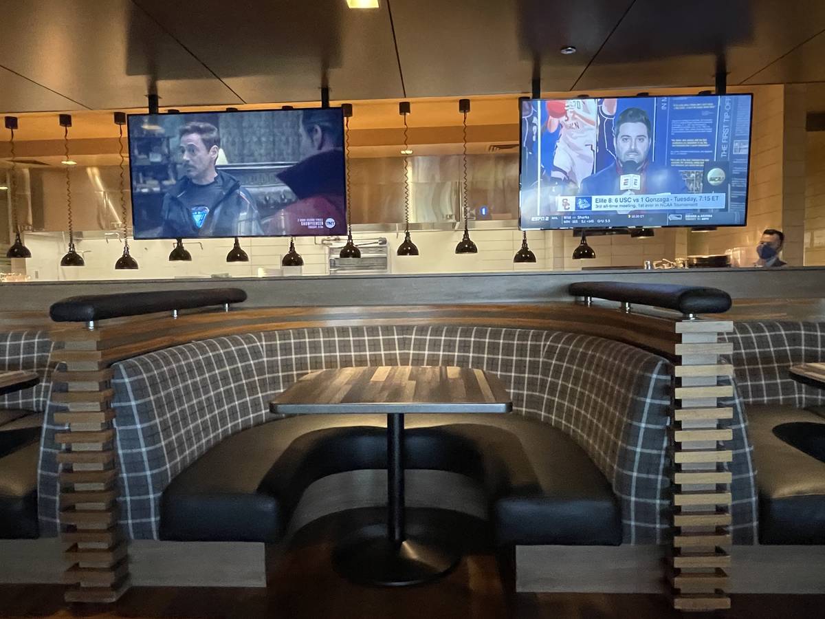 A booth at the Raiders Tavern & Grill inside the M Resort as seen on March 29, 2021. (Mick Aker ...
