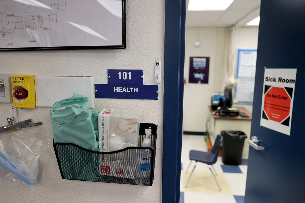 The "sick room" at Dearing Elementary School in Las Vegas Monday, March 29, 2021. (K. ...