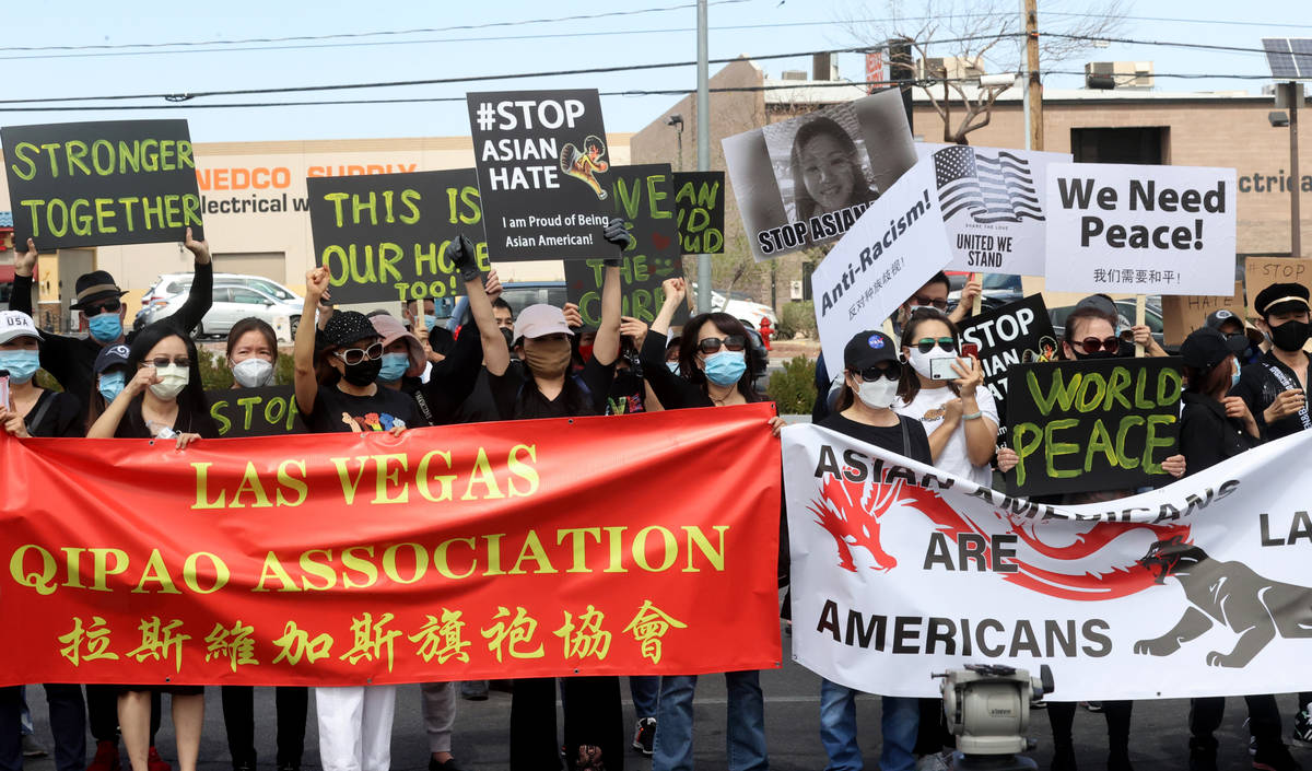 People rally at a "Stop Asian Hate" event at Chinatown Plaza Las Vegas Thursday, Apri ...