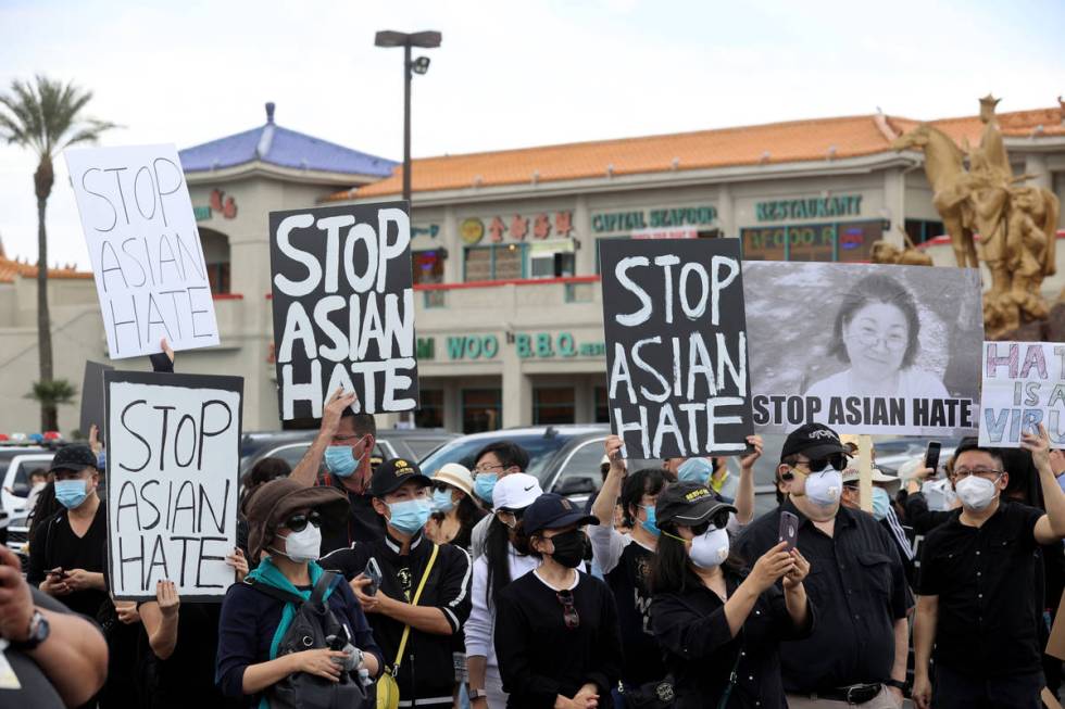 People rally at a "Stop Asian Hate" event at Chinatown Plaza Las Vegas Thursday, Apri ...