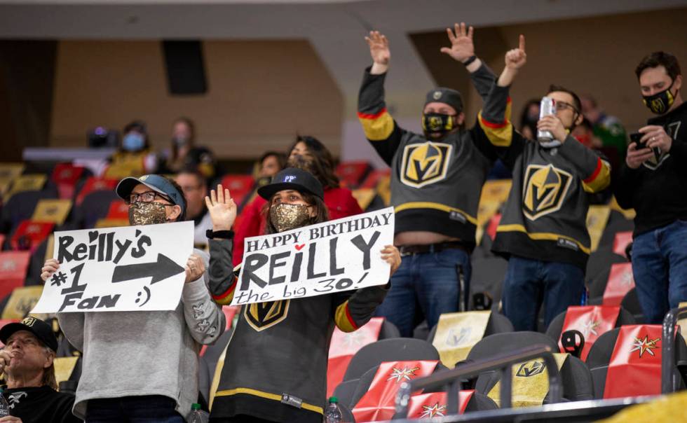 Golden Knights fans celebrate Reilly SmithÕs birthday as they warm up to face the Minnesot ...