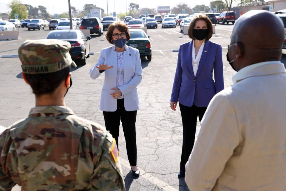 Nevada Senators Jacky Rosen, left, and Catherine Cortez Masto tour the Cashman Center COVID-19 ...