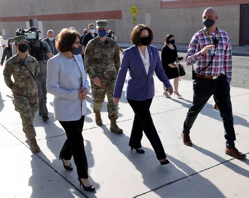 Nevada Senators Jacky Rosen, left, and Catherine Cortez Masto tour the Cashman Center COVID-19 ...