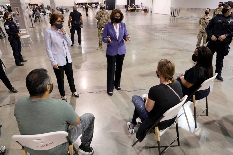 Nevada Senators Jacky Rosen, left, and Catherine Cortez Masto meet with vaccine recipients, sea ...