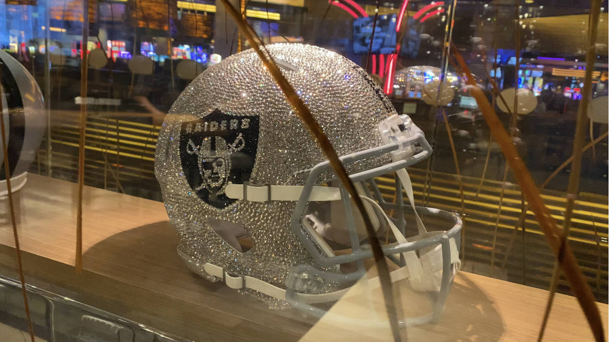 A $7,500 Raiders helmet is shown at Raiders Tavern & Grill on Wednesday, March 30, 2021. (John ...