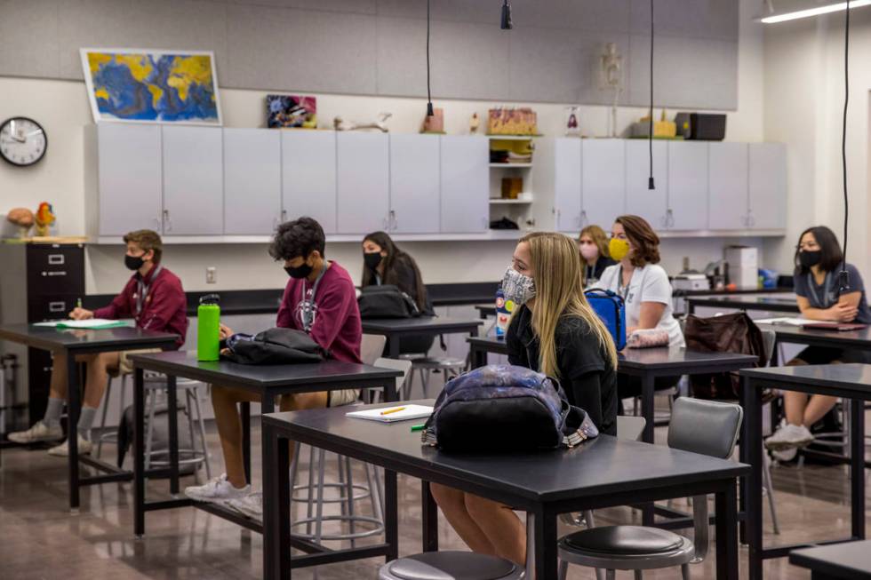 Students keep socially distanced while attending Steve Morrill's anatomy and physiology class a ...