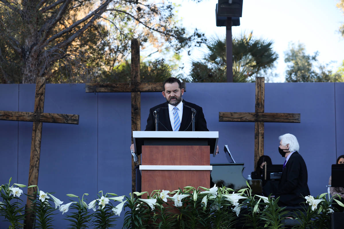 Pastor Jeff Long delivers the sermon at the 36th Annual Easter Sunrise Service at Palm Mortuary ...
