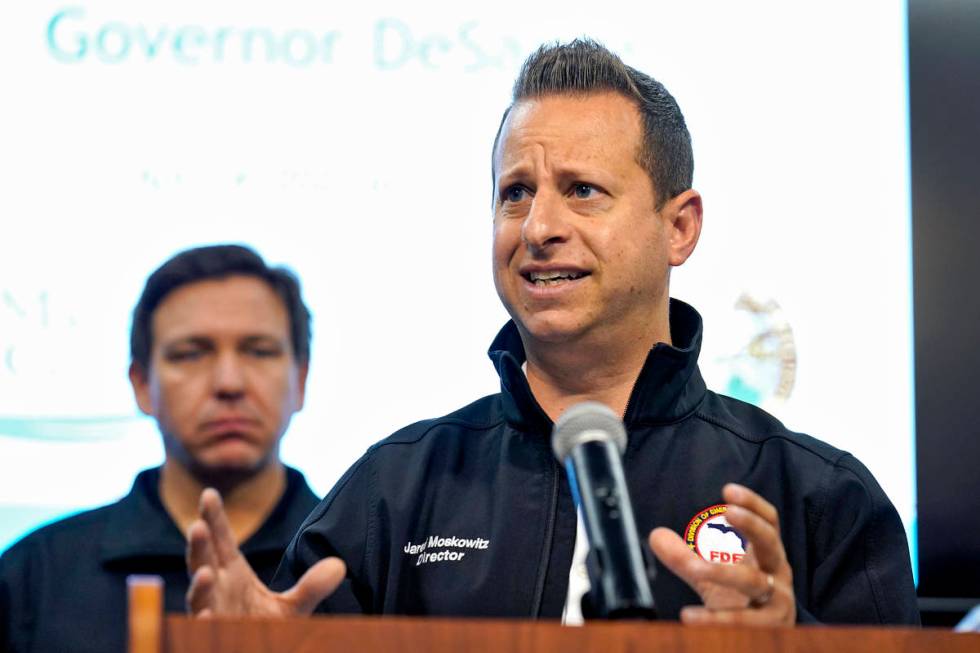 Jared Moskowitz, Florida's Director of Emegency Managment, gestures during a news conference Su ...