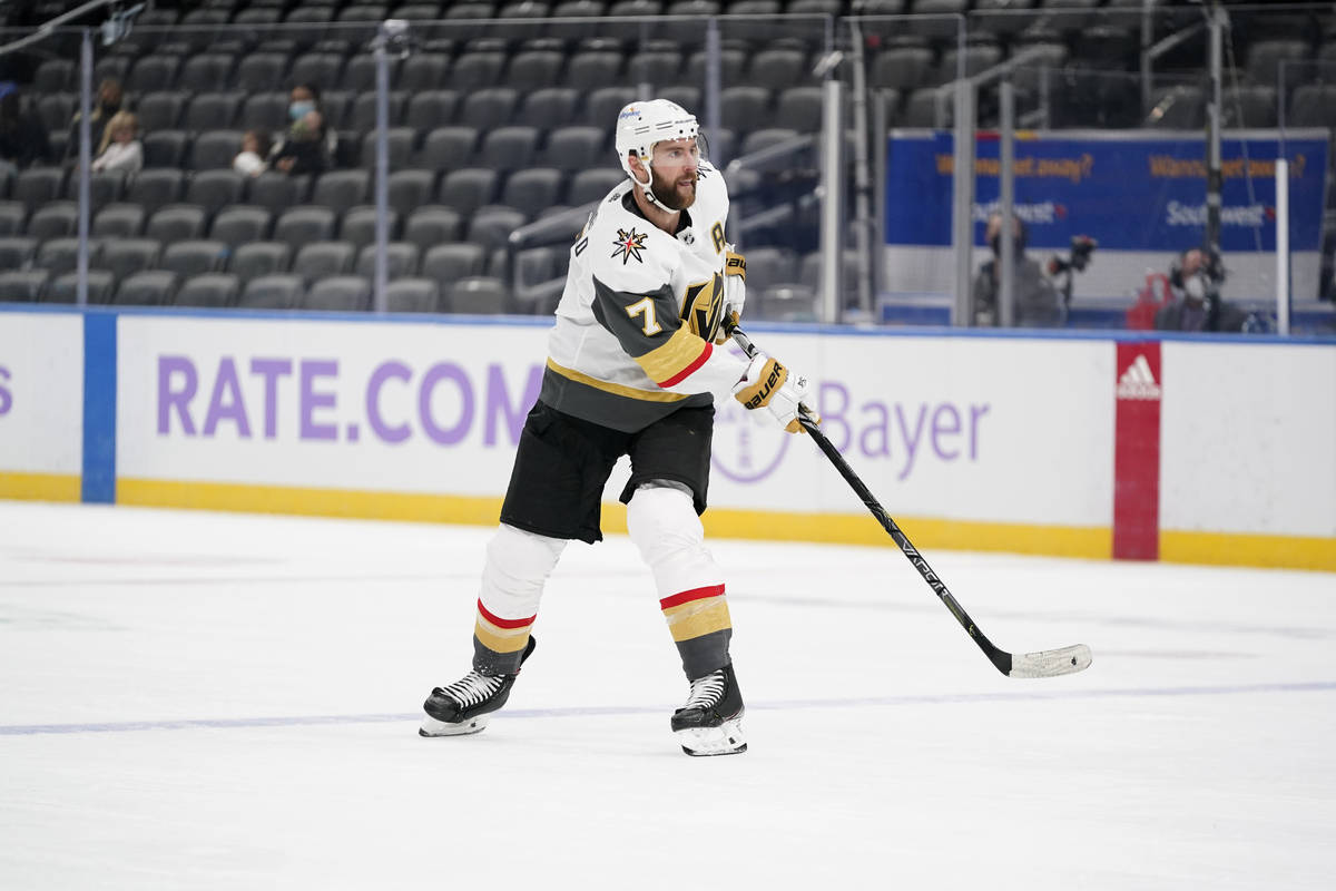 Vegas Golden Knights' Alex Pietrangelo skates during the first period of an NHL hockey game aga ...