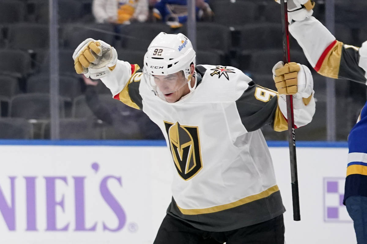 Vegas Golden Knights' Tomas Nosek celebrates after scoring during the first period of an NHL ho ...