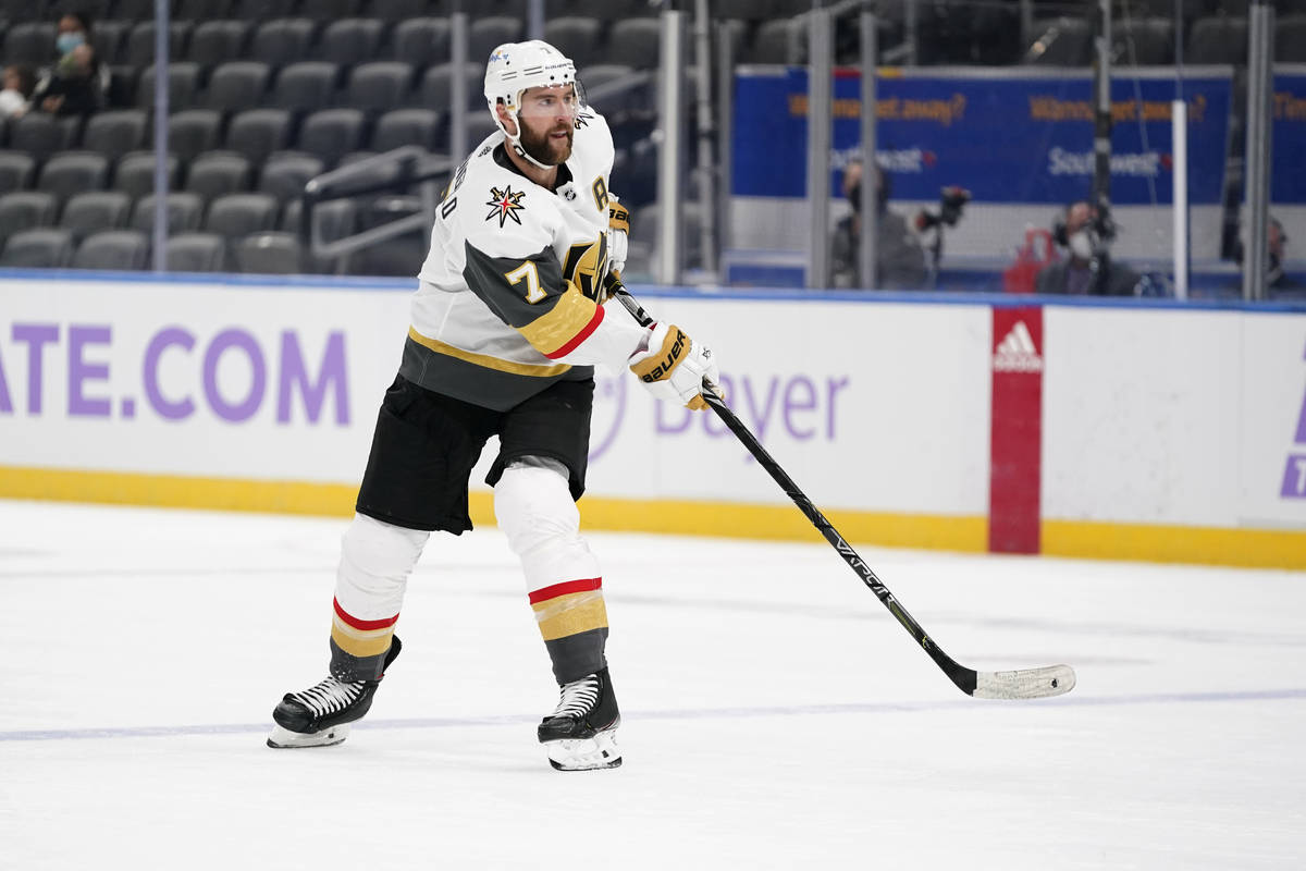 Vegas Golden Knights' Alex Pietrangelo passes during the first period of an NHL hockey game aga ...