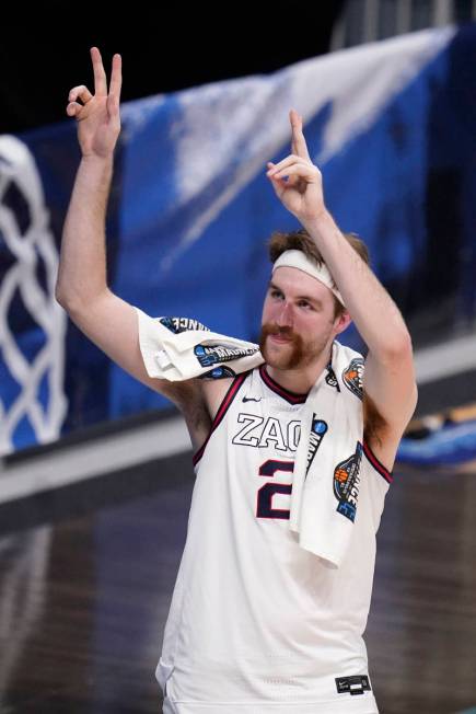 Gonzaga forward Drew Timme waves to fans after beating Creighton 83-65 in a Sweet 16 game in th ...