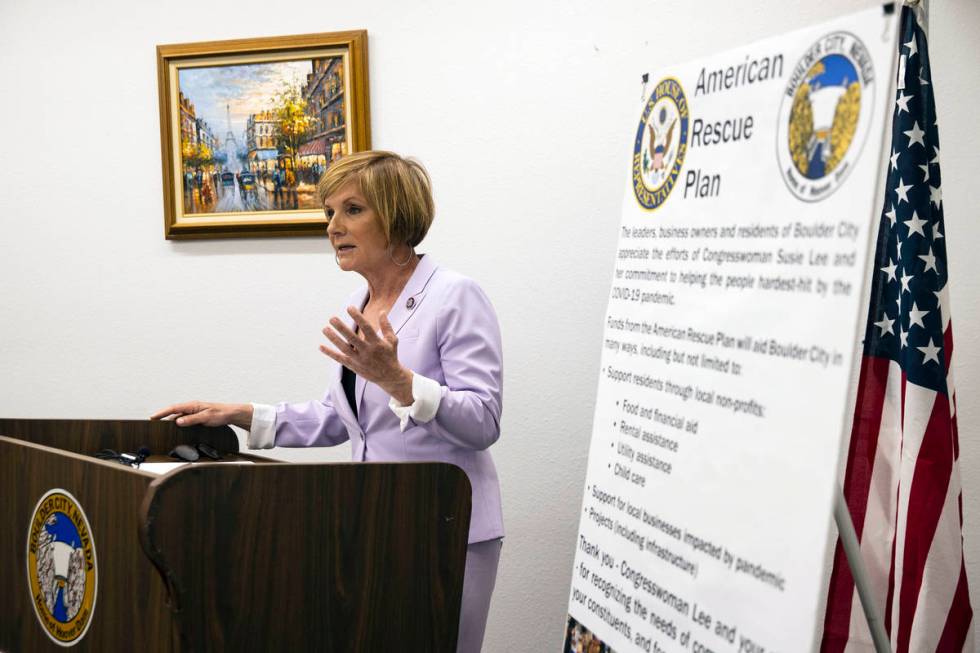 Rep. Susie Lee speaks about American Rescue Plan during a press conference, on Tuesday, April 6 ...