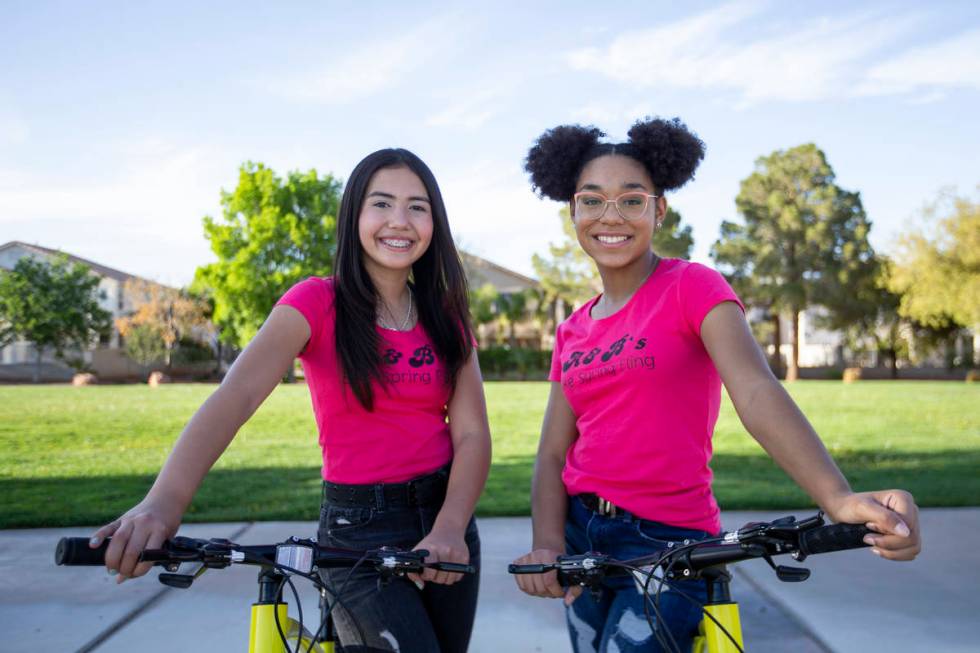 Aiyana Castro,12, and Bella Hawkins,15, at Radiant Ruby Park on Friday, April 9, 2021, in Las V ...