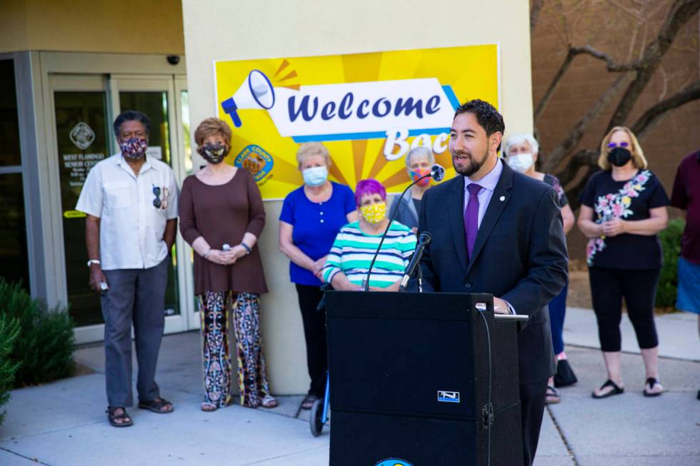 Clark County Commissioner Michael Naft speaks at the West Flamingo Senior Center during the fir ...