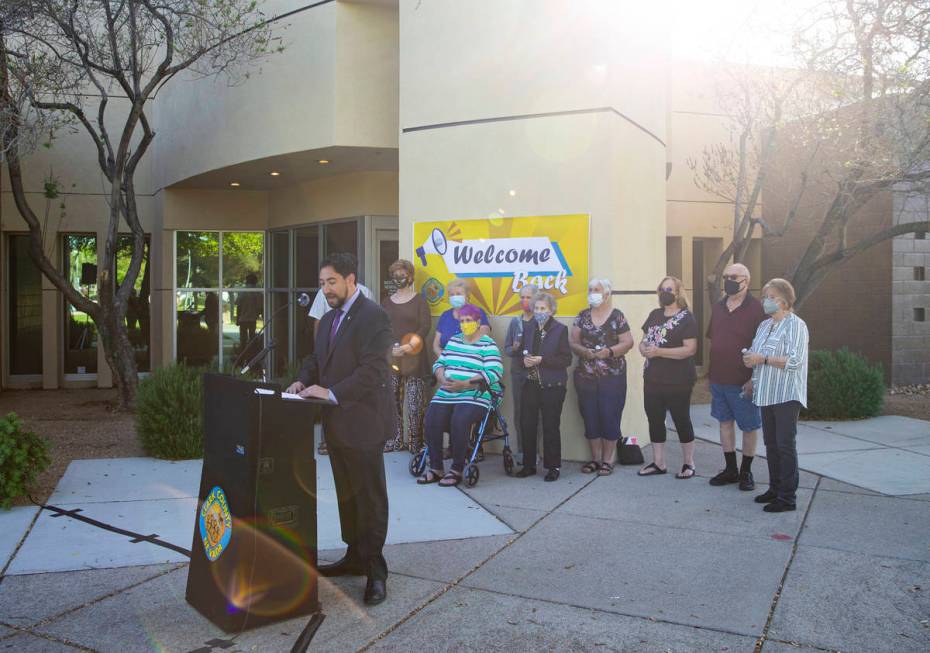 Clark County Commissioner Michael Naft speaks at the West Flamingo Senior Center during the fir ...