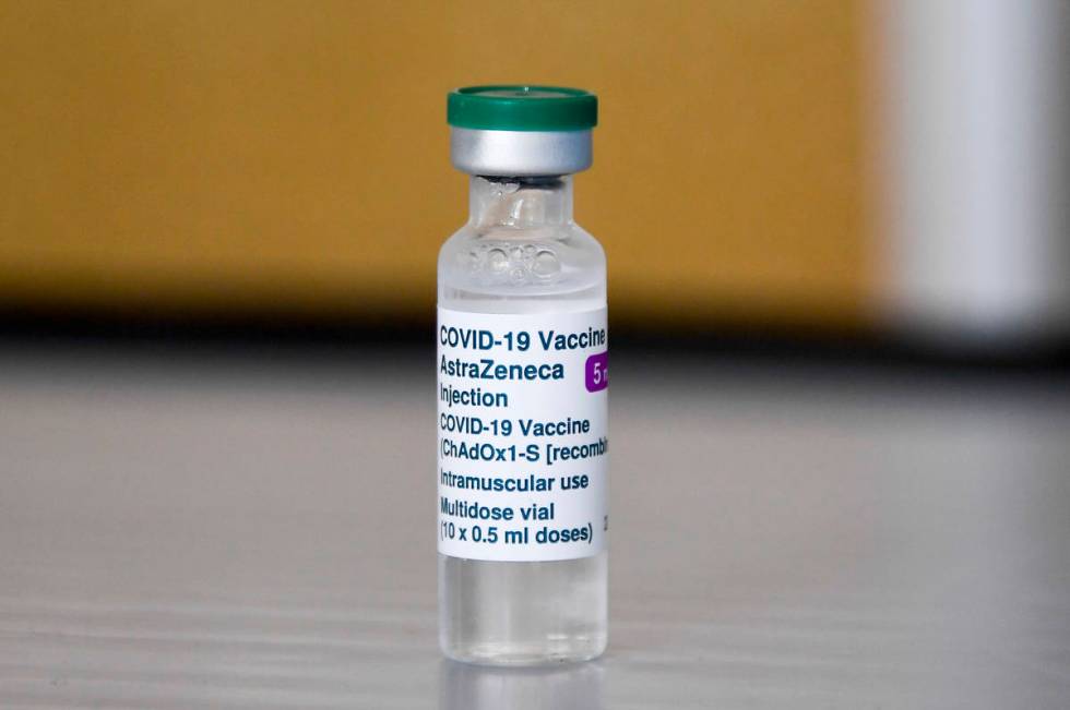 FILE - In this Sunday, March 21, 2021 file photo, a vial of of the AstraZeneca COVID-19 vaccine ...
