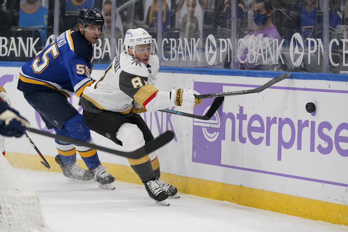 Vegas Golden Knights' Jonathan Marchessault (81) and St. Louis Blues' Colton Parayko (55) chase ...