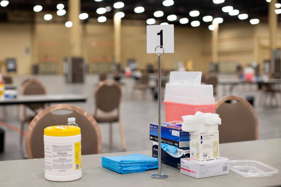 Vaccine supplies are laid out at a new site for COVID-19 vaccination at Mandalay Bay Convention ...