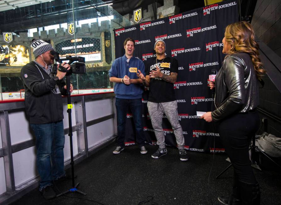 Review-Journal reporter Ben Gotz, second from left, is joined by Golden Knights forward Ryan Re ...