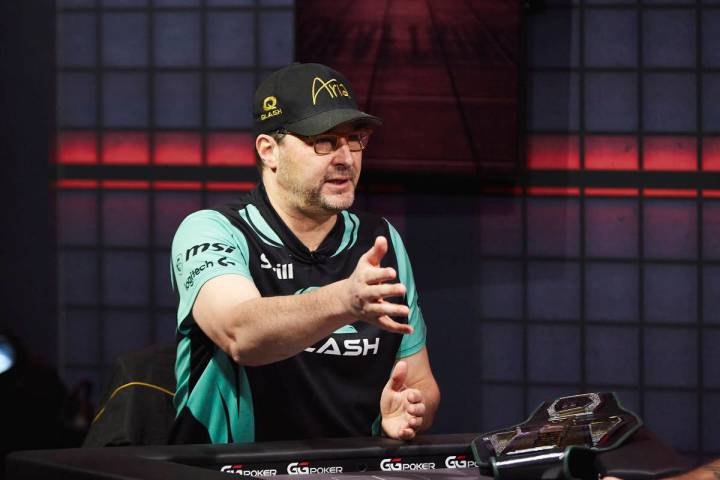 Phil Hellmuth gestures during his victory over Daniel Negreanu in their "High Stakes Duel" broa ...