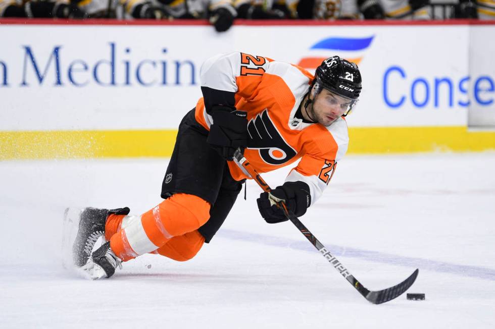 Philadelphia Flyers' Scott Laughton in action during an NHL hockey game against the Boston Brui ...