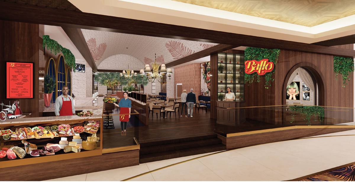 Artist's rendering showing entrance and deli counter at Bello, the new restaurant from chef Sha ...