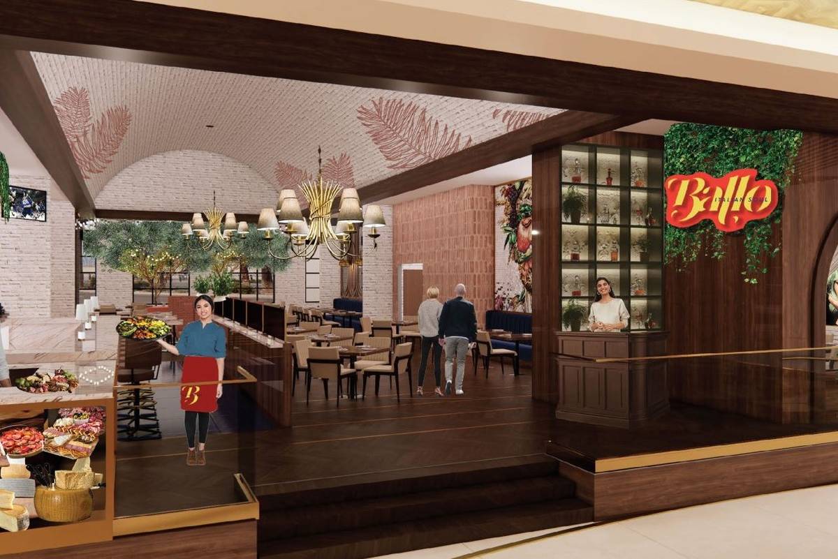 Artist's rendering showing entrance and deli counter at Bello, the new restaurant from chef Sha ...