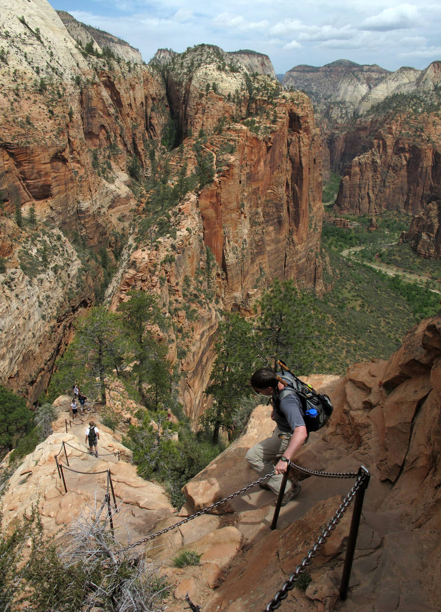 Hikers climb down the Angels Landing trail in Zion National Park in Utah in 2011. (Jud Burkett/ ...