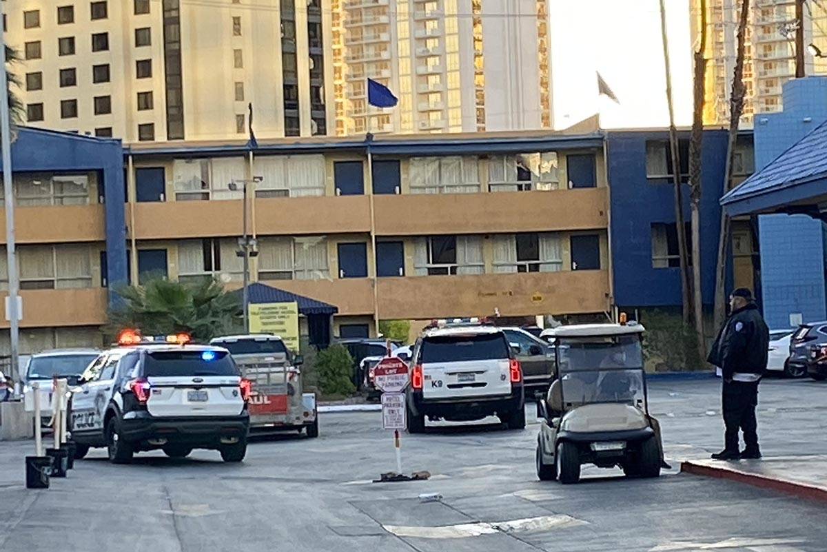More than a dozen Las Vegas police cars were observed in the parking lot of the Travelodge in t ...