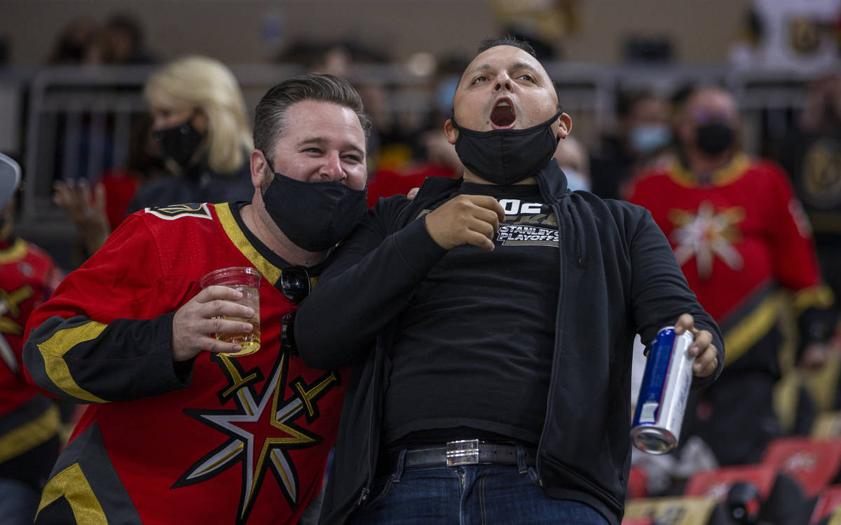 Golden Knights fans celebrate another goal during the first period of an NHL game at T-Mobile A ...