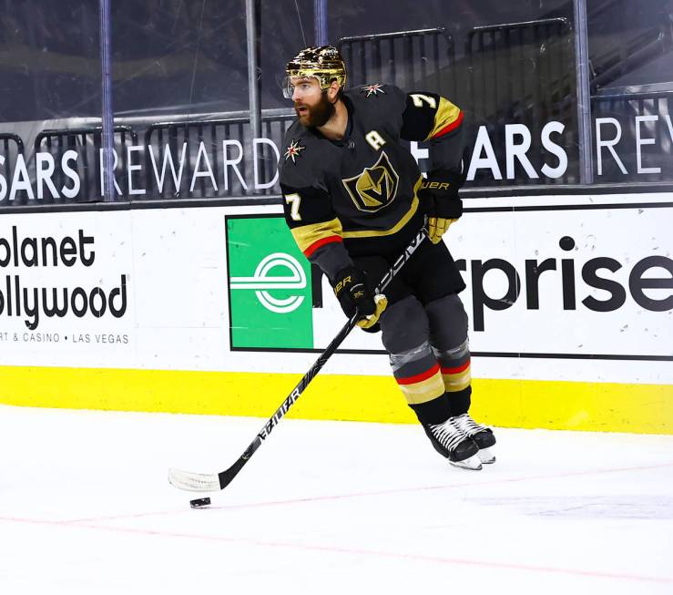 Golden Knights' Alex Pietrangelo (7) skates with the puck during the first period of an NHL hoc ...