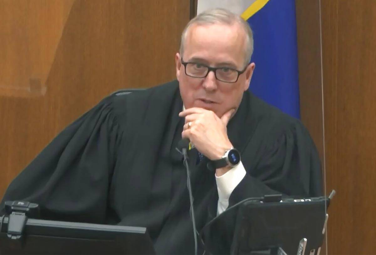 In this image from video, Hennepin County Judge Peter Cahill discusses motions before the ...