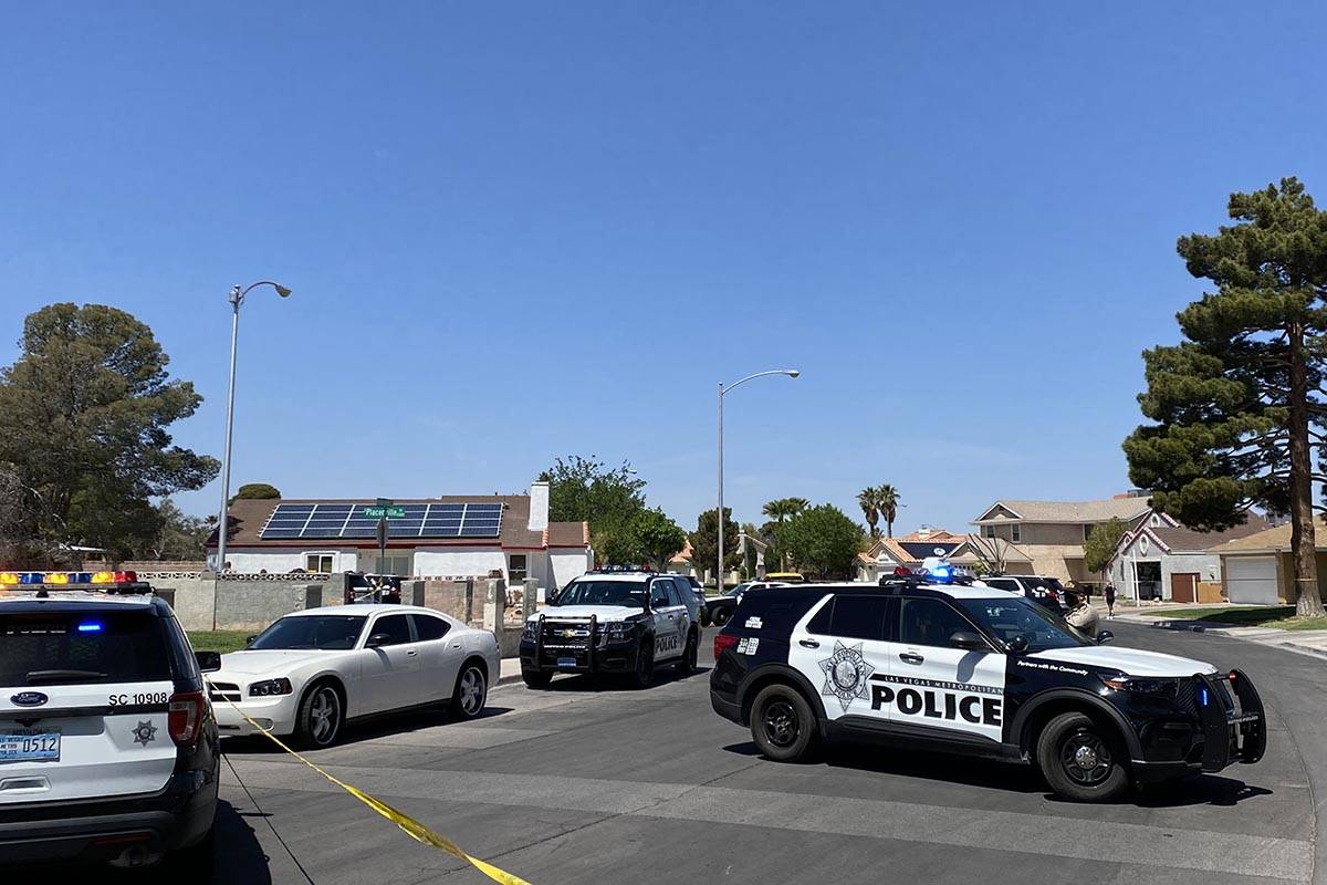 Police investigate a barricade situation Monday, April 12, 2021, on the 7200 block of Dingo Cou ...