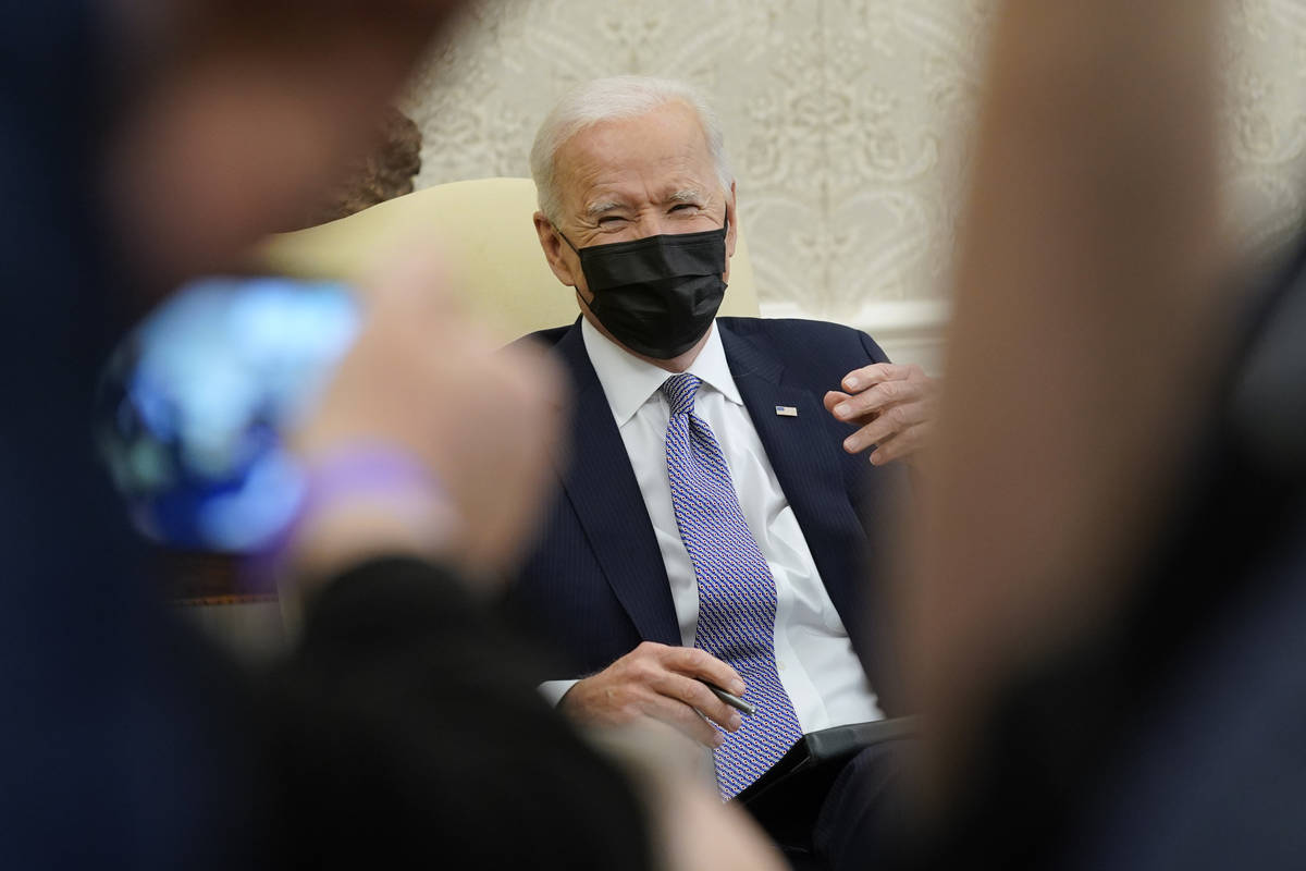 President Joe Biden speaks during a meeting with lawmakers to discuss the American Jobs Plan in ...