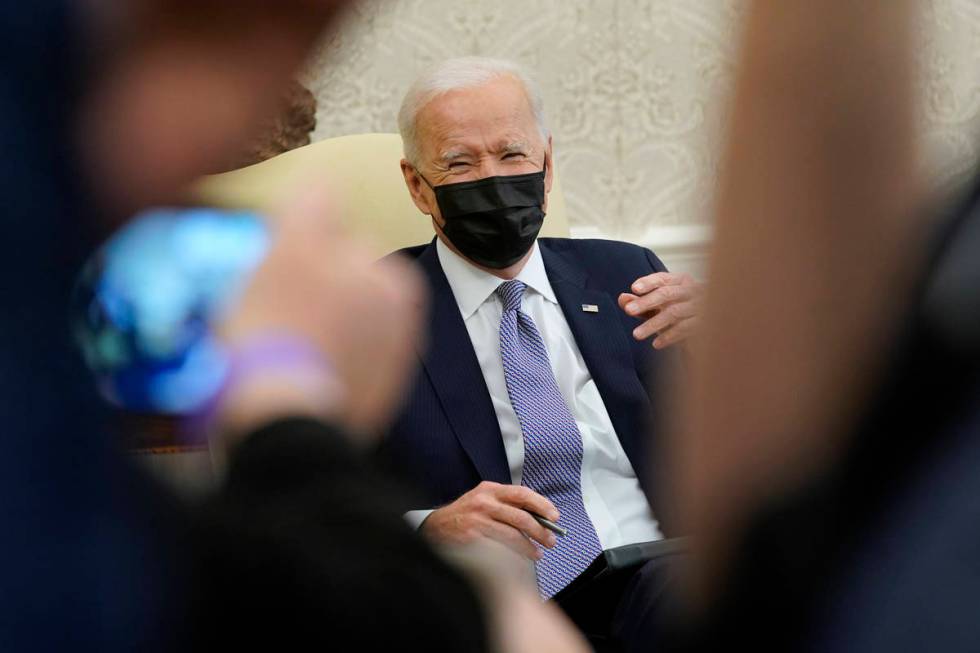 President Joe Biden speaks during a meeting with lawmakers to discuss the American Jobs Plan in ...