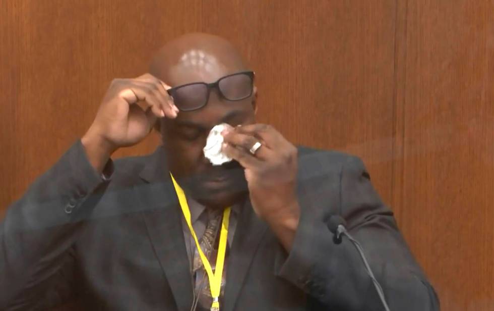 In this image from video, Philonise Floyd, brother of George Floyd, becomes emotional as he tes ...