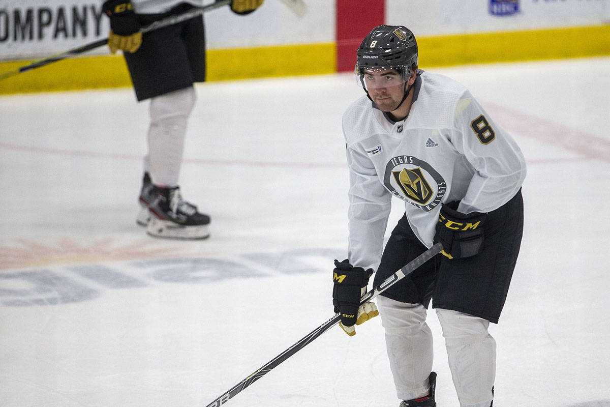 Golden Knights forward Jack Dugan (8) during training camp on Wednesday, Jan. 6, 2021, at City ...