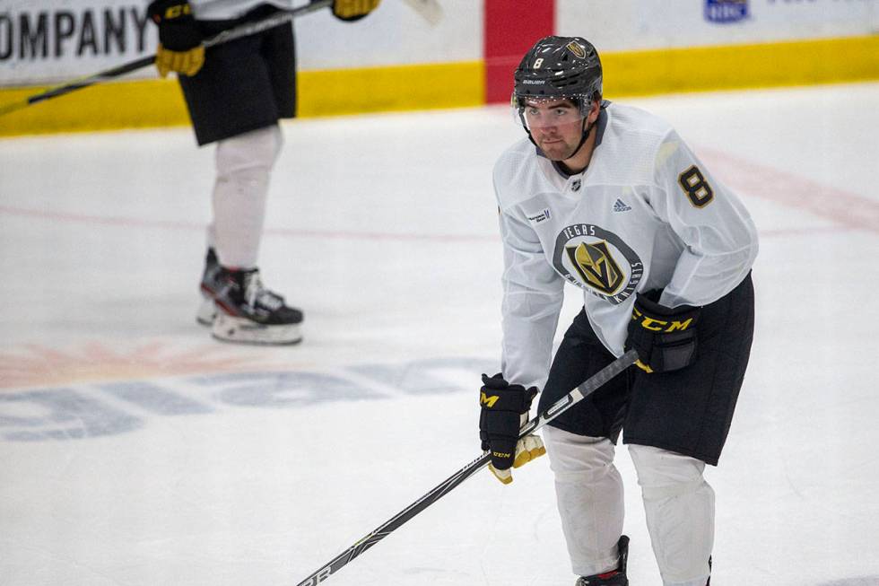 Golden Knights forward Jack Dugan (8) during training camp on Wednesday, Jan. 6, 2021, at City ...